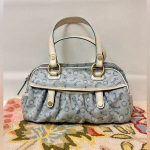 CELINE Vintage Y2K C Macadam Light Blue & White Cotton Canvas White Leather Trim